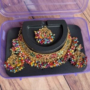 Colorful Beaded Necklace and Earring Set With Maang Tikka